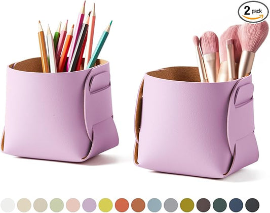 HOMIEAZICOZI 2-Pack Cork Leather Desk Accessories Storage - Pencil Pen Holder - Makeup Brush Holder Organizer - Stylish Addition to Home Decor (Purple)