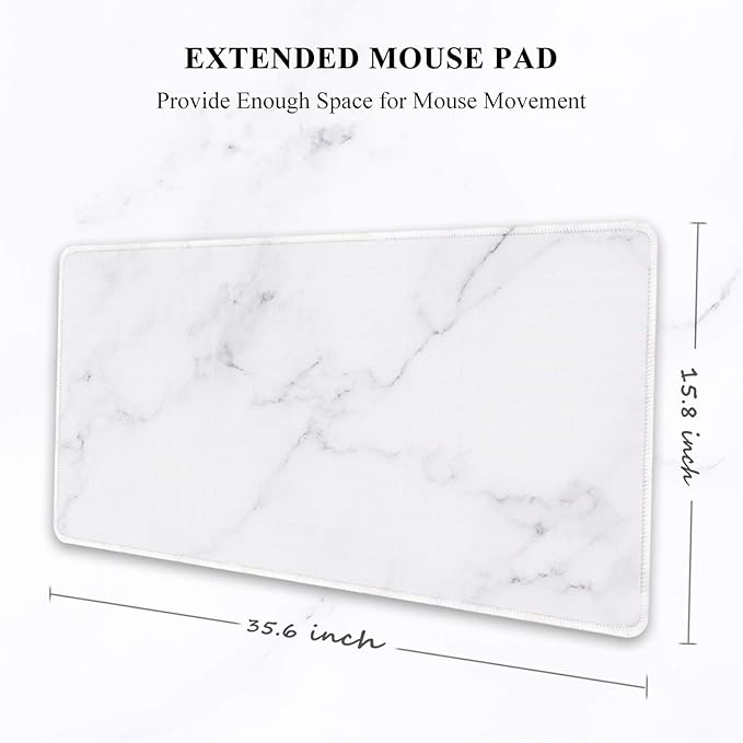 Auhoahsil Large Gaming Mouse Pad, Marble Theme XXL 35.4 x 15.7 in Desk Pad Stitched Non-Slip Rubber Long Computer Mousepad Thin Extended Full Size Desk Mat for Desktop, Laptop, Wireless Mice, White