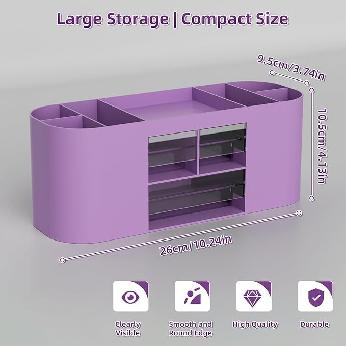Marbrasse Pen Holder for Desk with 3 Drawers, Multi-Functional Pencil Holder, Desk Organizers and Accessories with 7 Compartments for Home, School, Classroom (Purple)