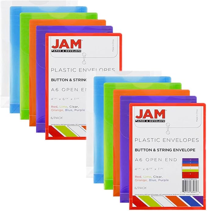 JAM PAPER Plastic Envelopes with Button & String Tie Closure - 4 1/4 x 6 1/4 - Assorted Colors - 12/Pack
