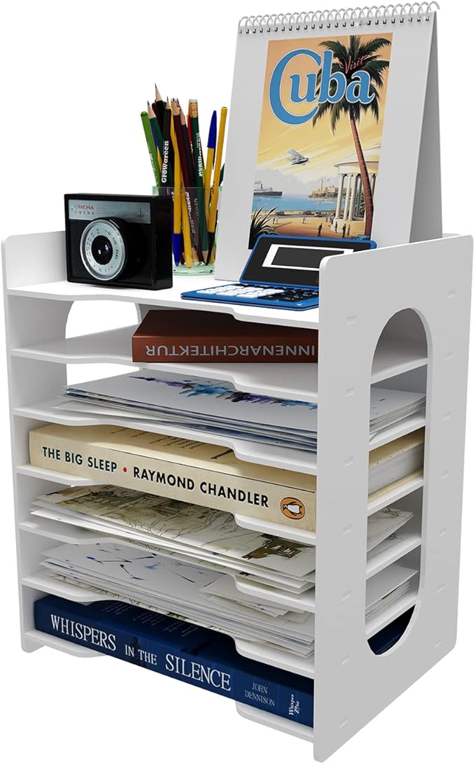 Natwind 7-Tier File Paper Organizer for Desk & Desktop - White File Holder with Mail Letter Tray & Paper Sorter for Home Office, School Classroom