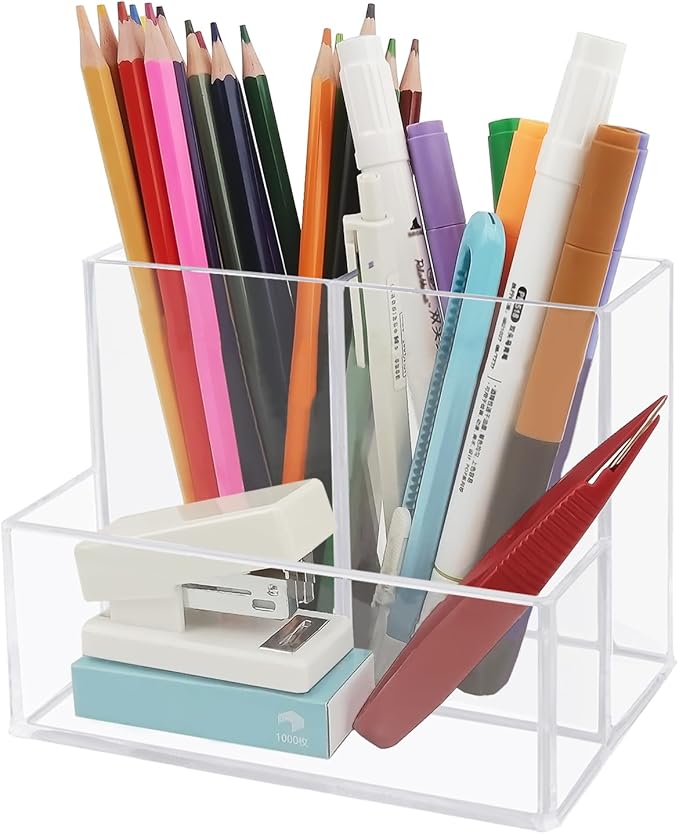 Desktop Clear Pen Holder with 3 Compartments, Acrylic Pencil Holders, Desk Organizers and Accessories