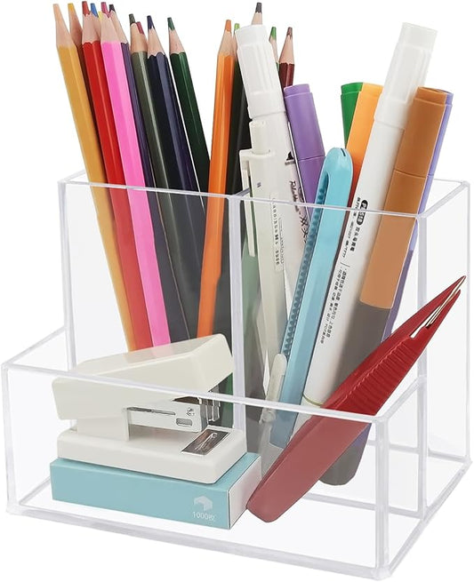 Desktop Clear Pen Holder with 3 Compartments, Acrylic Pencil Holders, Desk Organizers and Accessories