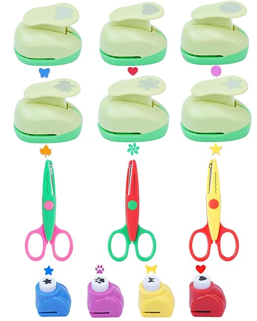 UCEC Paper Punches for Crafting, 3 Pcs Craft Scissors Decorative Edge, 6 Pcs 1 Inch Paper Puncher, 4 Pcs 3/8 inch Hole Punch, Circle Heart Star Shapes Puncher Scissors Sets