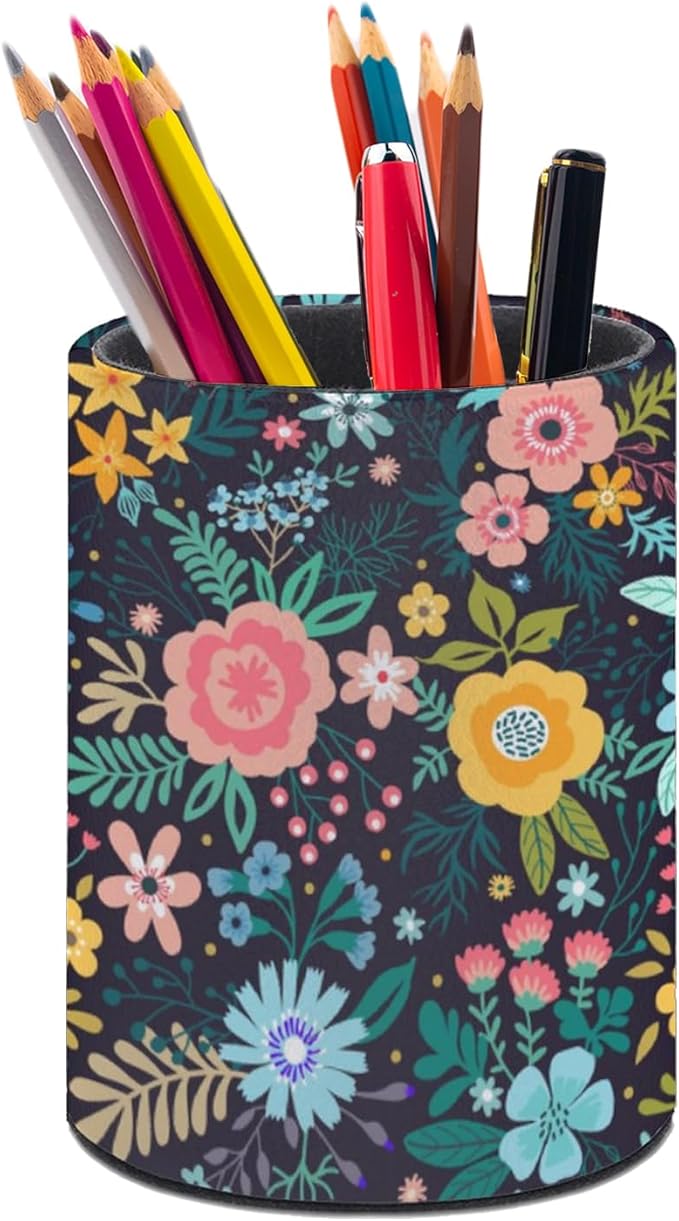 Flowers Floral Pen Holder Pencil Organizer Cute Pencil Cup Desk Decor Makeup Brush Holder PU Multifunctional Office Suppliesfor Home Classroom School