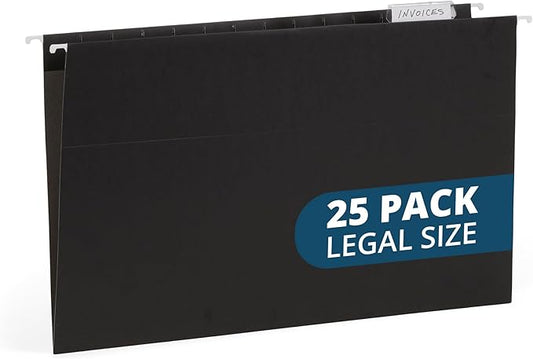 25 Blue Summit Supplies Legal Size Hanging File Folders - Black Hanging File Folders for Filing Cabinet, Durable 11 pt Paper with Plastic Tabs and Inserts, Black Legal Size Hanging Folders