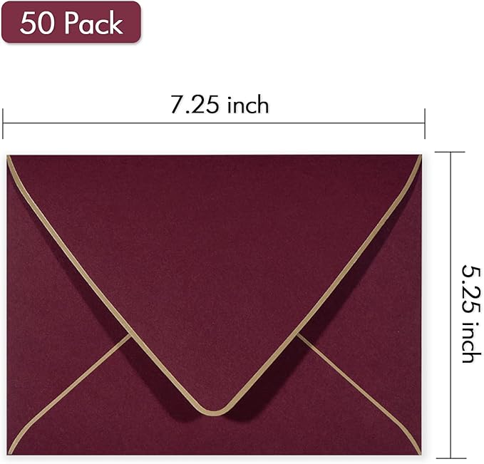A7 Luxury Burgundy Invitation Envelopes Christmas Envelopes 5 x 7 - For 5x7 Cards 50 Pack Self Seal| Perfect for Weddings, Invitations, Photos, Graduation, Baby Shower| 5.25 x 7.25 Inches