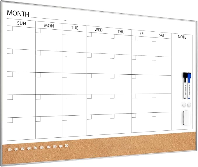 ARCOBIS Dry Erase Calendar with Cork Board for Wall, 36"x 24" Magnetic Calendar Whiteboard with Silver Frame, Monthly Combination Board for School, Home, Office