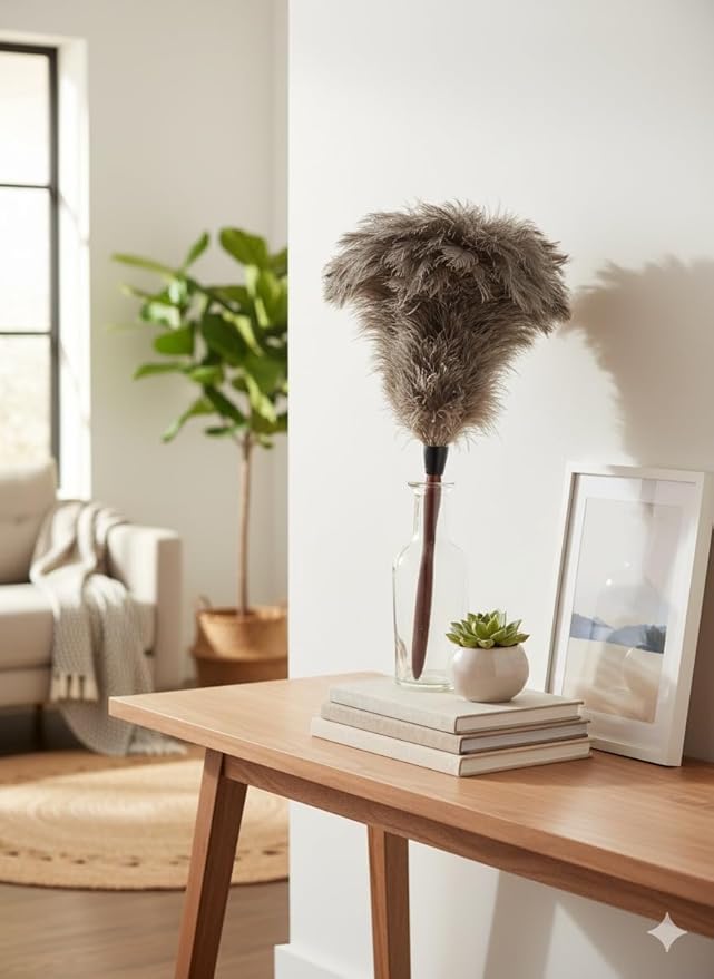 AAYU Ostrich Feather Duster 22-24" inches | Natural Feathers Duster for Cleaning and Moping Genuine w/Long Wooden Handle Eco-Friendly Easy to Use (55 cm)