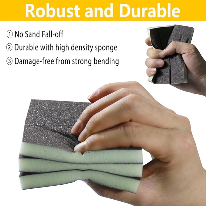 16PCS 120 Grits Sanding Sponge Medium Coarse Sanding Block, Washable and Reusable Wet Dry Sandpaper Sponge， Sander Sponges for Wood Drywall Metal Wood