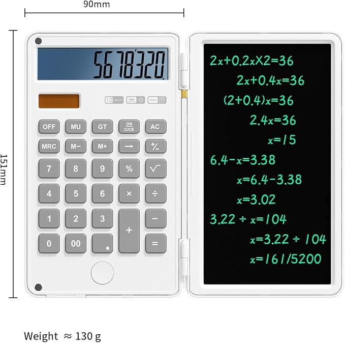 Calculator with Writing Pad,12-Digit LCD Display, Dual Power Solar + Coin Cell,1-Yr Battery Life Silicone Keys for Comfort Lightweight Portable for Students/Engineers/Professionals (White)