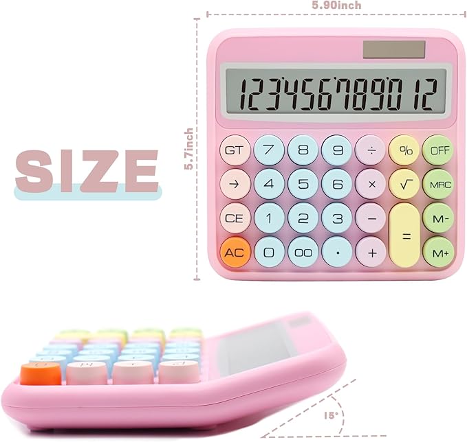 Pink Calculator, Standard Calculator 12 Digit with Large LCD Display and Big Buttons,Pink Office Accessories for Women Desk, Cute for Office,School, Home, Business(Colorful Pink)