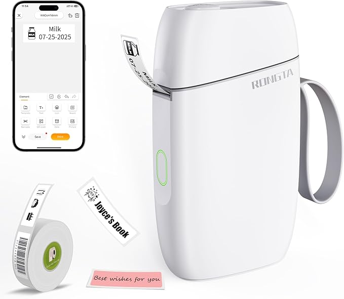 Rongta Bluetooth Label Maker Machine with Tape, Portable Mini Label Printer Wireless Thermal Handheld Sticker Makers Mini Label Makers with Multiple Templates for Organizing Office Home School(White)
