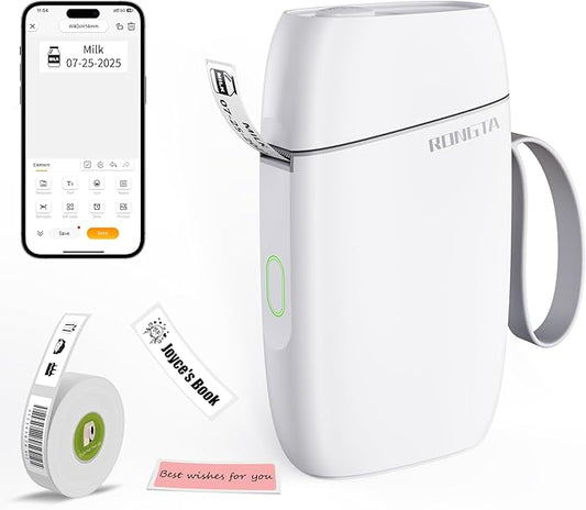 Rongta Bluetooth Label Maker Machine with Tape, Portable Mini Label Printer Wireless Thermal Handheld Sticker Makers Mini Label Makers with Multiple Templates for Organizing Office Home School(White)
