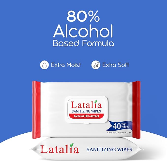 Latalia Hand Wipes Pack of 20 | 80% Alcohol Hand Sanitizer Wipes for Hands & Face Moisturizing, Gentle, Convenient and Fragrance Free (40 Counts)