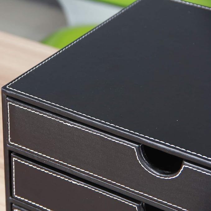 High-end PU Leather Desk Organizer File Cabinet Executive Office Supplies Desktop Filing A4 File Cabinet Stackable Storage Organizer Box with 3 Drawers (Black)…