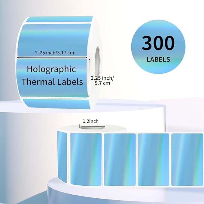 2.25"x1.25" Direct Thermal Labels, Holographic Thermal Printer Labels for Barcode, Self-Adhesive Address Shipping Thermal Label Stickers-1 Roll, 300 Labels, Holographic Blue