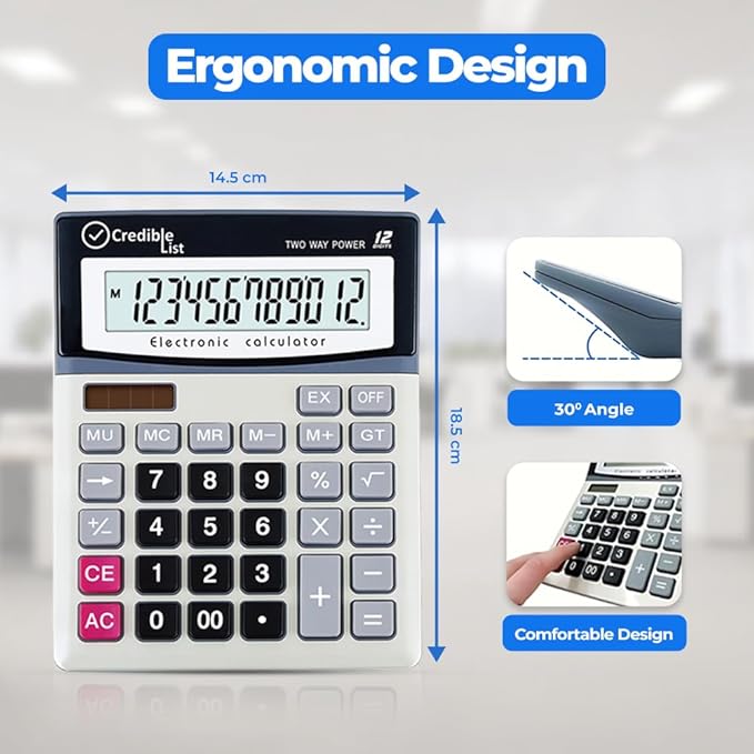 Large Calculator with 12 Digit Display, Eye-Angled Screen, Large Buttons and Dual Power Source for Home and Office Use