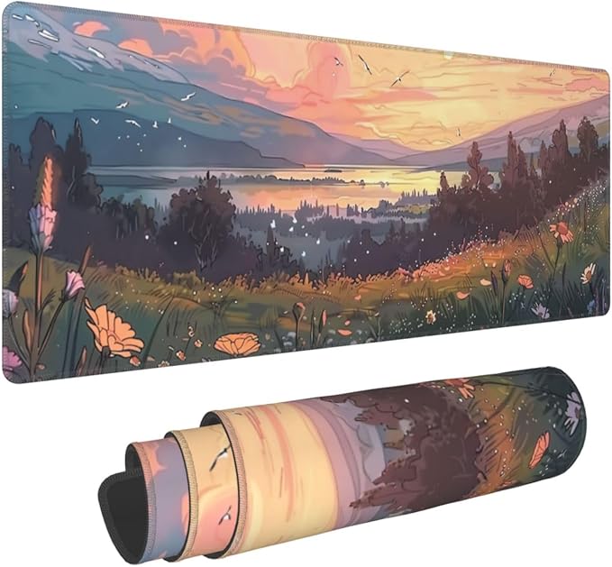 Hill Side Wildflowers Gaming Mouse Mat Extended Large XL Mouse Pad Desk Mat Non-Slip Rubber Mice Pads Stitched Edges for Office and Home,31.5 X 11.8 X 0.12 Inches