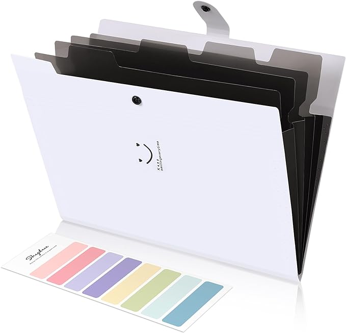 SKYDUE 5 Pocket Expanding File Folder, Letter Size Portable Accordion Folders for Documents for School Office, White
