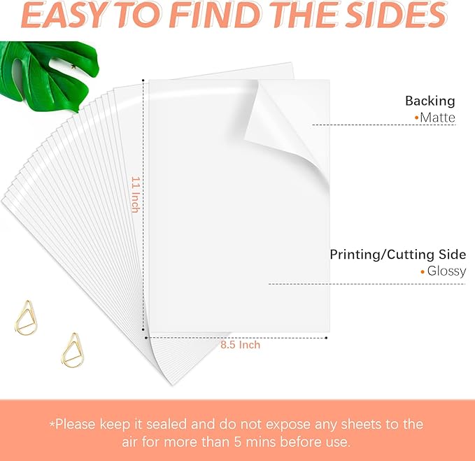 HTVRONT Printable Vinyl Sticker Paper - 8.5"x11" Glossy White printable vinyl for inkjet printer 25Pcs - Dries Quickly and Holds Ink Beautifully