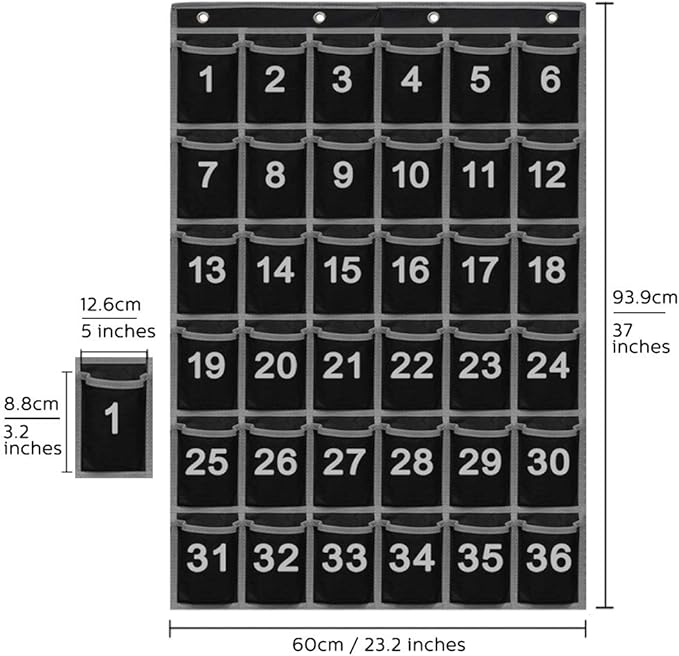 EAMAY 36 Numbered Classroom Pocket Charts for Cell Phones and Calculators Holder Wall Door Mount Hanging Organizer