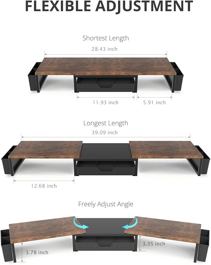 Desk Dual Monitor Stand Riser - Desk Organizer with Drawer and Pen Holders, Office Desk Accessories & Workspace Organization, Computer Monitor Stand for Laptop, Printer, TV, Office Decor, Wood