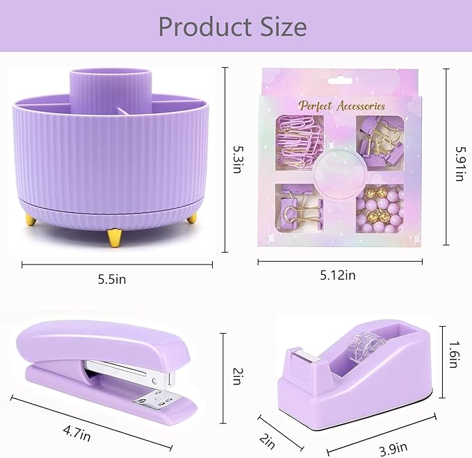 Office Supplies,Desk Accessories,with Stapler,Tape Dispenser,Staple Remover,Scissor,Ballpoint Pen,Sticky Notes,Clear Tape,Staples,Desk Organizer,Ruler,Binder,Best Gift Set(Purple)