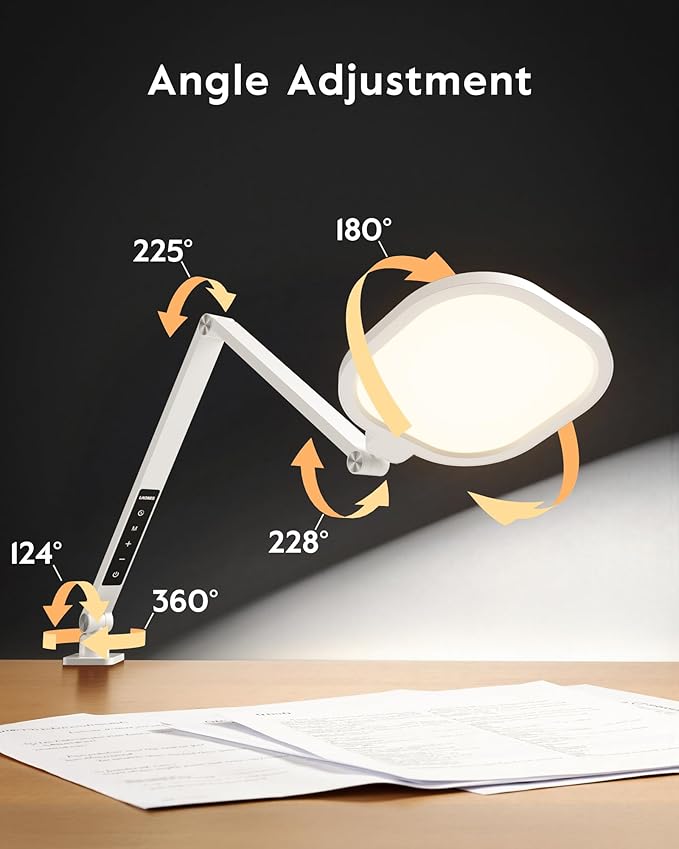 Led Desk Lamp with Clamp, 1200LM Dimmable Home Office Desktop Light, 3000k-6500k Adjustable Swing Arm Ring Light for Video Conference, Study, Reading, Zoom Calls, Streaming (White)