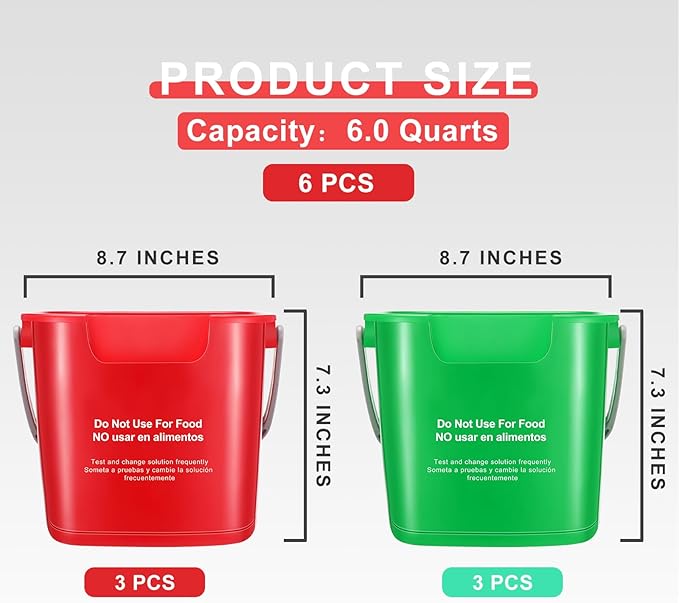 6 Pcs 6 Quart Cleaning Bucket Small Sanitizing Square Bucket Detergent Pail for Home Commercial Restaurant Kitchen Office School (Red, Green)