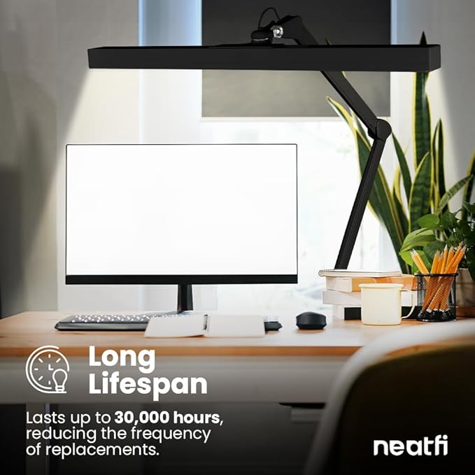Neatfi 3,000 Lumens Ultra LED Desk Lamp with Clamp, 30W Dimmable Monitor Light, 5 Brightness Levels & 5 Light Modes (Black, 28 Inches with Metal Arm)
