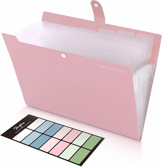 SKYDUE 8 Pockets Expanding File Folders, Accordion Folders, Portable Paper Bill Receipt Organizer, Letter Size, Home College School Office Supplies, Pink