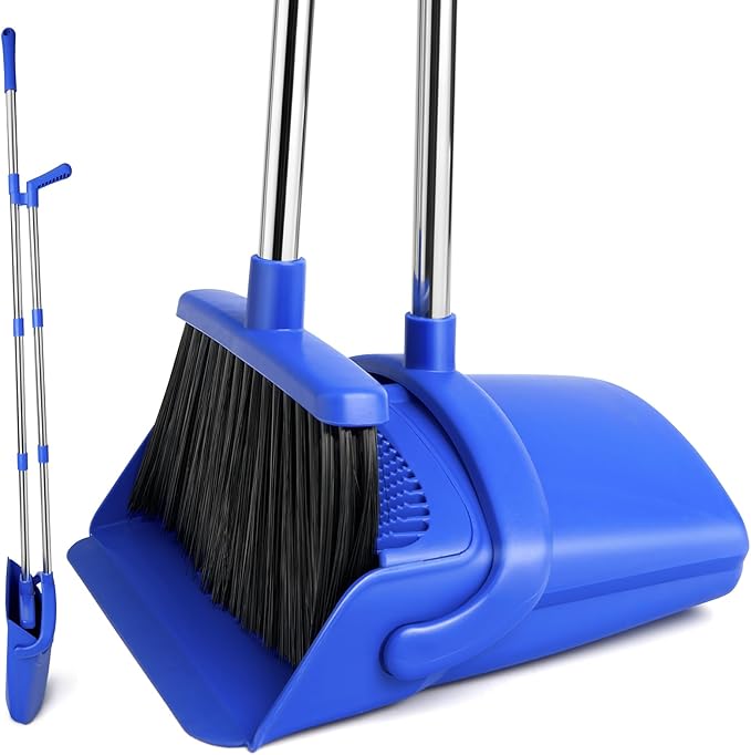XXFLOWER Broom and Dustpan Set, Long Handle Lightweight Dustpans with Broom Combo for Home, Indoor&Outdoor Sweeping for Home Room Kitchen Office Lobby (Dark Blue)