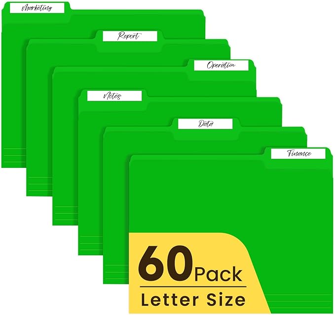 Colored File Folders Letter Size, 60 Pack Green Folders 1/3 Cut Tabs, Assorted Pastel Color Office School Buiness Folders for Filing Organization, Paper File Folder Bulk Set