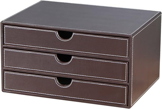 Stackable 3-Drawer Desk Organizer, Executive Office Supplies Desktop Filing A4 File Cabinet/Holder, Leather Storage Box for Document/Paper/Home Decor Accessories (brown)…