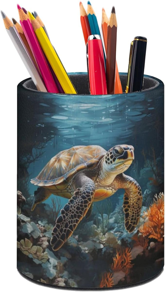 Sea Turtle Pen Holder Pencil Organizer Cute Pencil Cup Desk Decor Makeup Brush Holder PU Multifunctional Office Suppliesfor Home Classroom School