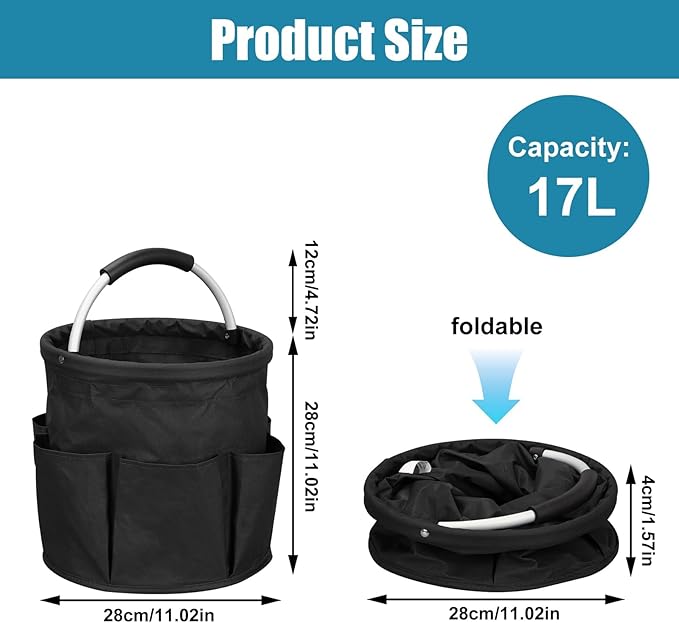 17L Foldable Cleaning Caddy with Handle - Portable Duty Tool Bag Cleaning Supply Organizer, Multi-Compartment Cleaning Bucket Storage Basket for Home Kitchen Bathroom (Black)