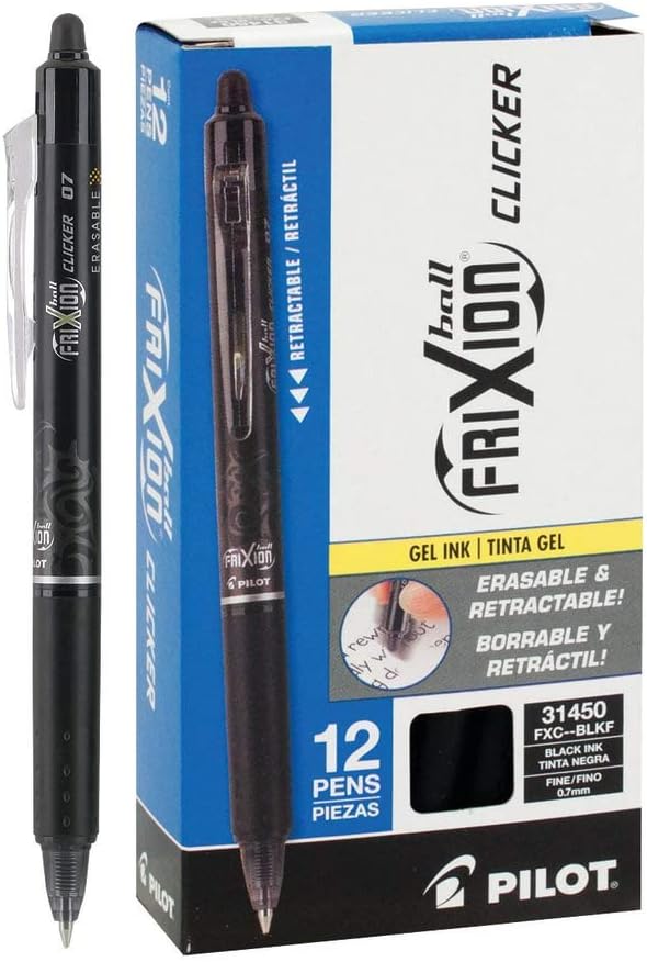 Pilot FriXion Ball Clicker Retractable Erasable Gel Pen, Fine Point, 0.7mm, Black Ink, 12 Count