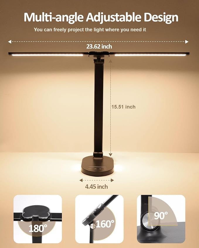 LED Desk Lamps for Home Office, 14W Bright Double Swing Arm LED Desk Lamp with USB Charging Port, Eye-Caring Task Lamp, Desktop Lamp with Night Light Table Read Light for Bedroom Work Study Craft