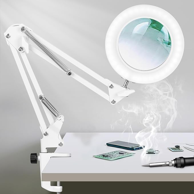 KIRKAS 10X LED Magnifying Lamp with Clamp Real Glass Lens, 3 Color Modes and Stepless Dimmable Magnifier Desk Lamp,Adjustable Swivel Arm Lighted Magnifying Glass for Repair Craft Close Work-White