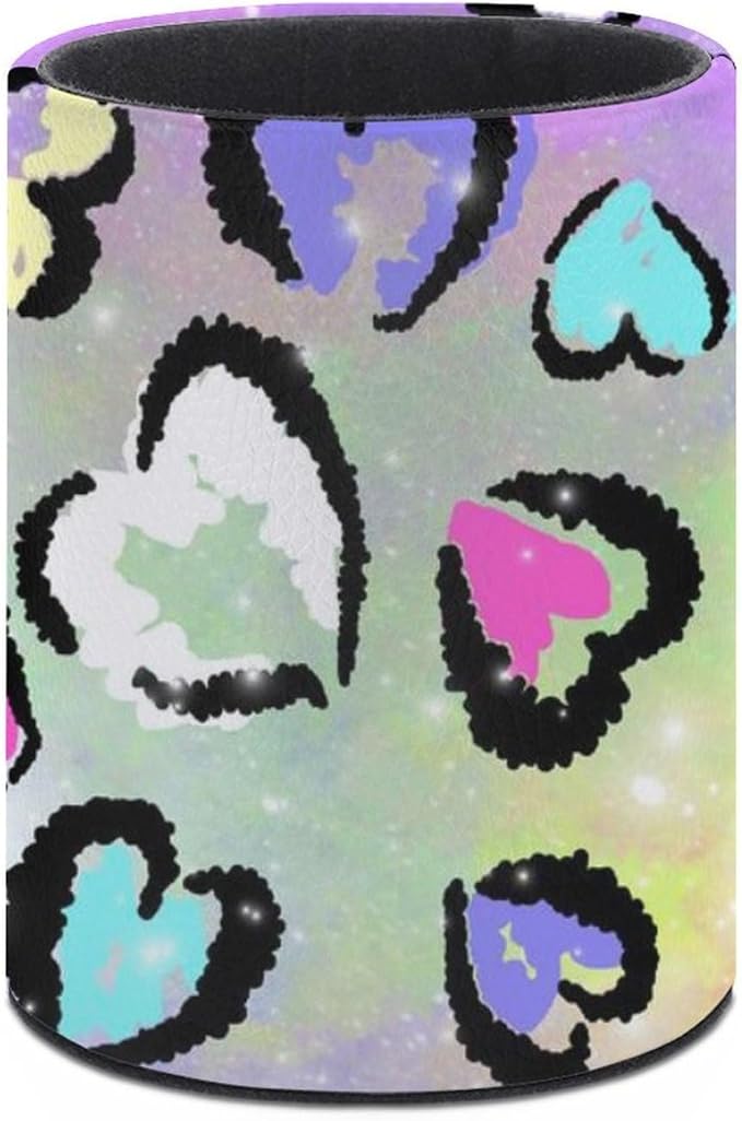 Leopard Heart Print Pen Holder Pencil Organizer Cute Pencil Cup Desk Decor Makeup Brush Holder PU Multifunctional Office Suppliesfor Home Classroom School