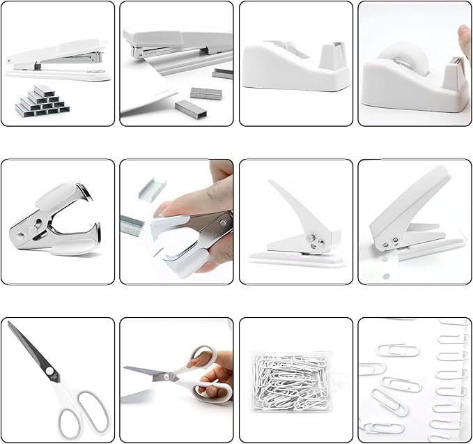 sportsvoutdoors White Desk Accessories, White Office Supplies,Large Stapler and Tape Dispenser Set, White Desk Accessory Kit, Gift for Students, Women, Coworkers, Boss Lady, Office Clerks