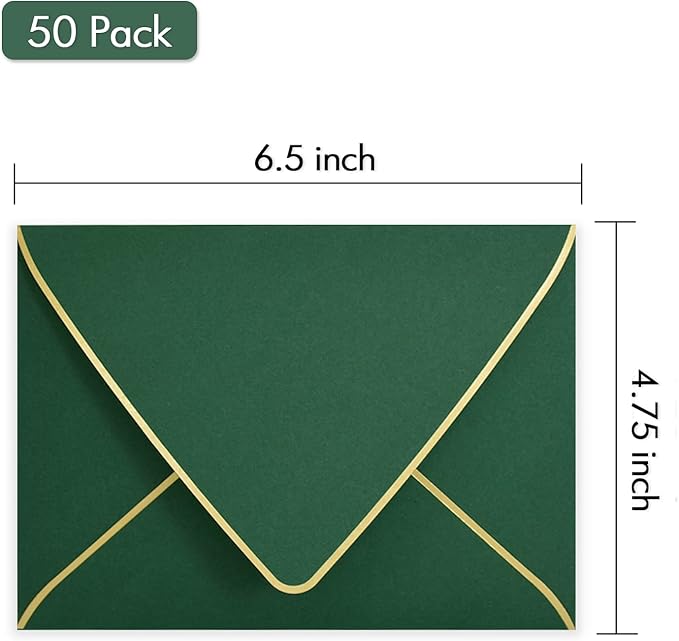 A6 Green Envelopes With Gold Border 4 x 6 - V flap, Quick Self Seal, For 4x6 Cards| Perfect for Weddings, Invitations, Photos, Graduation, Baby Shower，50 Pack (Green)