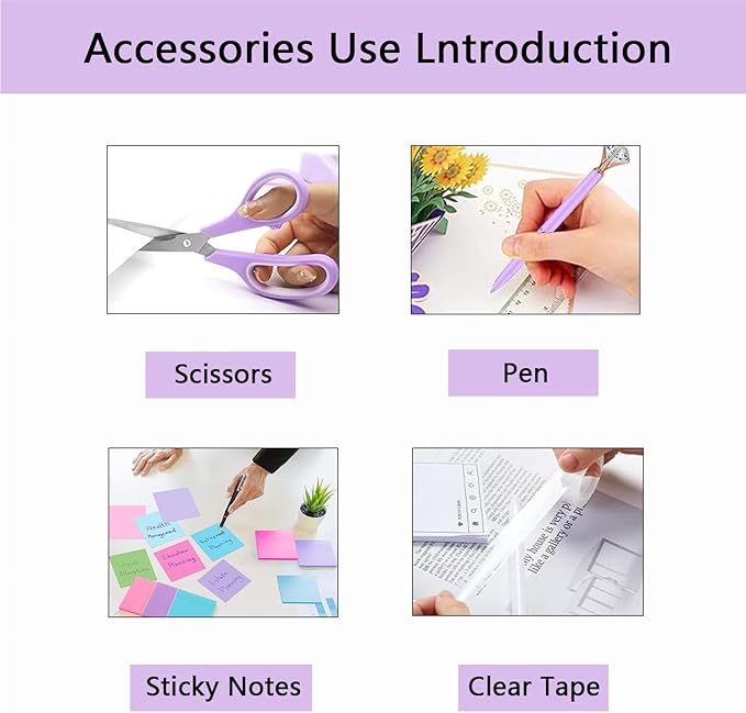 Office Supplies,Desk Accessories,Tape Holder,Stapler,Scissor,Staple Remover,Box of Binder Clips,Staples,Ballpoint Pen,Sticky Notes,Clear Tape,Ruler,Office Supplies Set Purple