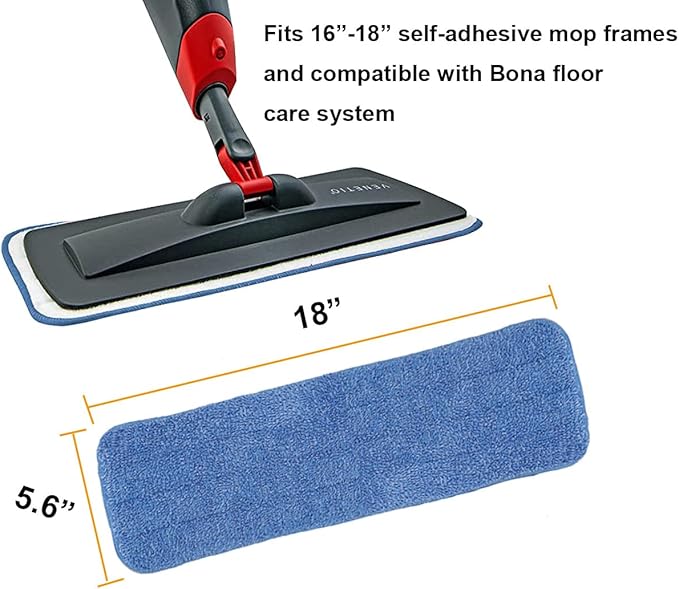 HZSOOCH 10 Pack 18 Inch Spray Mop Replacement Heads for Wet/Dry Mops, Reusable Microfiber Mop Pads Compatible with Bona Floor Care System - Blue
