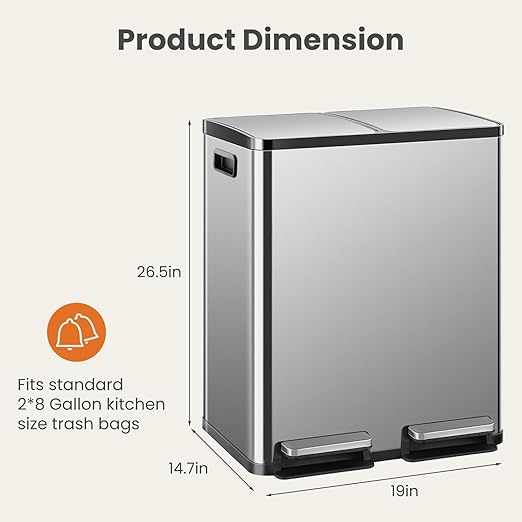 Elevon Kitchen Trash Can with Lid, 2 x 8 Gallon Garbage Can, with Soft-Close Foot Pedal and Removable Inner Bucket, 60 Liter Large Stainless Waste Bin for Bathroom Bedroom Home Office