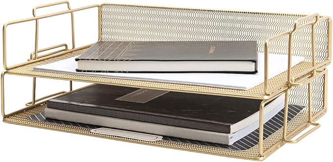 BLU MONACO Gold Mesh Paper Tray – Set of 2 Stackable Letter Trays – Durable Metal Desk Organizer for Home, Office & School – Stylish Document Holder, File Storage, and Workspace Organizer