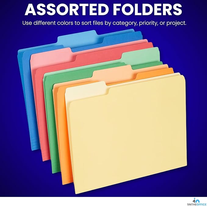 1InTheOffice Colored Interior File Folders Letter Size, File Folders 1/3 Cut Assorted Tab, Assorted Colors, 100/Pack