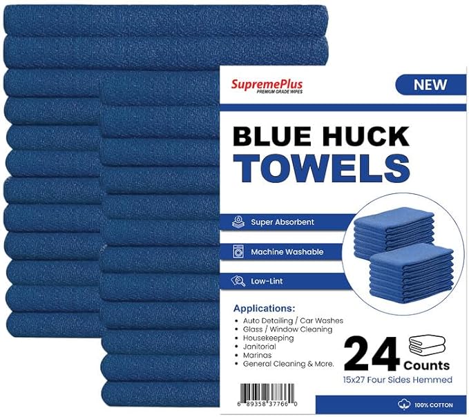 Premium Blue Huck Towels – (24 Pack) 15 x 27 inches 100% Cotton Bulk Towel for General Cleaning, Auto Shop, and Hospital Use, Super Absorbent, Machine Washable Cloth