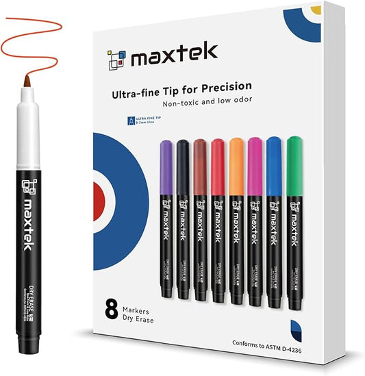 maxtek Dry Erase Markers Ultra Fine Tip, Assorted Colors, Low Odor, School Supplies Classroom Take Note Dry Erase Markers, 8 Counts